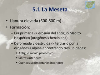 5.1 La Meseta
• Llanura elevada (600-800 m).
• Formación:
– Era primaria -> erosión del antiguo Macizo
Hespérico (orogénesis herciniana).
– Deformada y destruida -> terciario por la
orogénesis alpina encontrando tres unidades:
 Antiguo zócalo paleozoico
 Sierras interiores
 Cuencas sedimentarias interiores
 