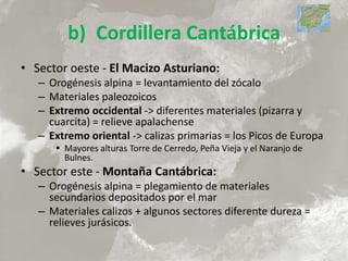 b) Cordillera Cantábrica
• Sector oeste - El Macizo Asturiano:
– Orogénesis alpina = levantamiento del zócalo
– Materiales paleozoicos
– Extremo occidental -> diferentes materiales (pizarra y
cuarcita) = relieve apalachense
– Extremo oriental -> calizas primarias = los Picos de Europa
 Mayores alturas Torre de Cerredo, Peña Vieja y el Naranjo de
Bulnes.
• Sector este - Montaña Cantábrica:
– Orogénesis alpina = plegamiento de materiales
secundarios depositados por el mar
– Materiales calizos + algunos sectores diferente dureza =
relieves jurásicos.
 