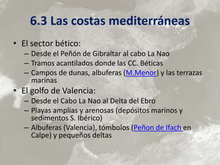 6.3 Las costas mediterráneas
• El sector bético:
– Desde el Peñón de Gibraltar al cabo La Nao
– Tramos acantilados donde las CC. Béticas
– Campos de dunas, albuferas (M.Menor) y las terrazas
marinas
• El golfo de Valencia:
– Desde el Cabo La Nao al Delta del Ebro
– Playas amplias y arenosas (depósitos marinos y
sedimentos S. Ibérico)
– Albuferas (Valencia), tómbolos (Peñon de Ifach en
Calpe) y pequeños deltas
 