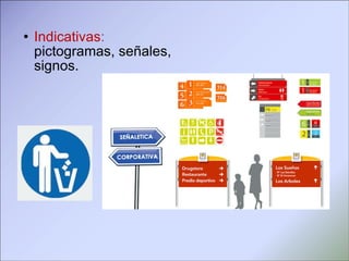 Indicativas :  pictogramas, señales, signos.  