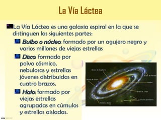 La Vía Láctea
La Vía Láctea es una galaxia espiral en la que se
distinguen las siguientes partes:
Bulbo o núcleoBulbo o núcleo: formado por un agujero negro y
varios millones de viejas estrellas
DiscoDisco: formado por
polvo cósmico,
nebulosas y estrellas
jóvenes distribuidas en
cuatro brazos.
HaloHalo:: formado por
viejas estrellas
agrupadas en cúmulos
y estrellas aisladas.
 