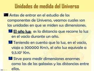 Unidades de medida del Universo
Antes de entrar en el estudio de los
componentes de Universo, veamos cuales son
las unidades en que se miden sus dimensiones.
El año luz:El año luz: es la distancia que recorre la luz
en el vacío durante un año.
Teniendo en cuenta que la luz, en el vacío,
viaja a 300000 Km/s, el año luz equivale a
9,5.1012
Km.
Sirve para medir dimensiones enormes
como las de las galaxias y las distancias entre
ellas.
 