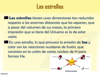 Las estrellas
Las estrellas tienen unas dimensiones tan reducidas
respecto a las enormes distancias que las separan, que
a pesar del volumen de sus masas, la primera
impresión que se tiene del Universo es la de estar
vacío.
En una estrella, lo que provoca la emisión de luz y
calor son las reacciones nucleares de fusión, que
consisten en la unión de varios núcleos de H para
formar He.
 