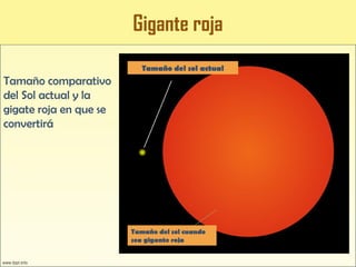 Gigante roja
Tamaño del sol actual
Tamaño del sol cuando
sea gigante roja
Tamaño comparativo
del Sol actual y la
gigate roja en que se
convertirá
 