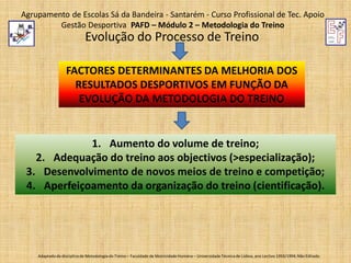 Agrupamento de Escolas Sá da Bandeira - Santarém - Curso Profissional de Tec. Apoio
Gestão Desportiva PAFD – Módulo 2 – Metodologia do Treino

Evolução do Processo de Treino
FACTORES DETERMINANTES DA MELHORIA DOS
RESULTADOS DESPORTIVOS EM FUNÇÃO DA
EVOLUÇÃO DA METODOLOGIA DO TREINO

1. Aumento do volume de treino;
2. Adequação do treino aos objectivos (>especialização);
3. Desenvolvimento de novos meios de treino e competição;
4. Aperfeiçoamento da organização do treino (cientificação).

Adaptado da disciplina de Metodologia do Treino – Faculdade de Motricidade Humana – Universidade Técnica de Lisboa, ano Lectivo 1993/1994; Não Editado.

 