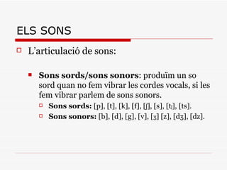 ELS SONS L’articulació de sons: Sons sords/sons sonors : produïm un so sord quan no fem vibrar les cordes vocals, si les fem vibrar parlem de sons sonors. Sons sords:   [ p ], [ t ], [ k ], [ f ], [ ʃ ], [ s ], [ t ʃ ], [ ts ]. Sons sonors:  [ b ], [ d ], [ g ], [ v ], [ ʒ ] [ z ], [d ʒ ], [ dz ].  