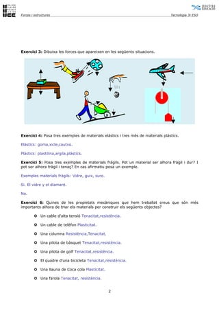 Forces i estructures                                                             Tecnologia 3r ESO




Exercici 3: Dibuixa les forces que apareixen en les següents situacions.




Exercici 4: Posa tres exemples de materials elàstics i tres més de materials plàstics.

Elàstics: goma,xicle,cautxú.

Plàstics: plastilina,argila,plàstics.

Exercici 5: Posa tres exemples de materials fràgils. Pot un material ser alhora fràgil i dur? I
pot ser alhora fràgil i tenaç? En cas afirmatiu posa un exemple.

Exemples materials fràgils: Vidre, guix, suro.

Si. El vidre y el diamant.

No.

Exercici 6: Quines de les propietats mecàniques que hem treballat creus que són més
importants alhora de triar els materials per construir els següents objectes?

        µ Un cable d'alta tensió Tenacitat,resistència.

        µ Un cable de telèfon Plasticitat.

        µ Una columna Resistència,Tenacitat.

        µ Una pilota de bàsquet Tenacitat,resistència.

        µ Una pilota de golf Tenacitat,resistència.

        µ El quadre d'una bicicleta Tenacitat,resistència.

        µ Una llauna de Coca cola Plasticitat.

        µ Una farola Tenacitat, resistència.


                                                 2
 