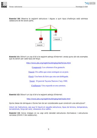 Forces i estructures                                                            Tecnologia 3r ESO




Exercici 10: Observa la següent estructura i digues a quin tipus d’esforços està sotmesa
cadascuna de les seves parts.




                                                         F´

                                                          tracció
                                      F
                                   tracció




Exercici 11: Dóna-li un cop d’ull a la següent adreça d’Internet i anota quins són els exemples
que és donen per cada tipus de força:

                       http://www.pbs.org/wgbh/buildingbig/lab/forces.html

                             Compressió: Les columnes d’un gratacels.

                         Tracció: Els cables que estan sostinguts en un pont.

                         Flexió: Una barra de ferro que esta sent doblegada.

                          Torsió: El pont de Tacoma Narrows l’any 1940.

                            Cisallament: Una esquerda en una carretera.



Exercici 12: Dóna-li un cop d’ull a la següent adreça d’Internet:

                       http://www.pbs.org/wgbh/buildingbig/lab/loads.html

Quina classe de càrregues o forces han de ser considerades quan construïm una estructura?

Volum de l’estructura, pes que hi haurà en aquella estructura, tipus de terreny, temperatura,
terratrèmols, força del vent, vibracions d’un edifici.

Exercici 13: Cerca imatges on es vegi amb claredat estructures d’armadura i estructures
carcassa (mínim 3 de cadascuna).




                                                  5
 
