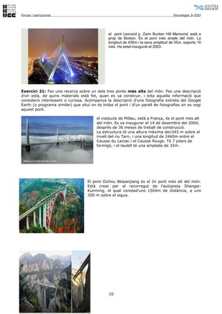 Forces i estructures                                                               Tecnologia 3r ESO




                                              el pont Leonard p. Zaim Bunker Hill Memorisl, està a
                                              prop de Boston. És el pont més ample del món. La
                                              longitud de 436m i la seva amplitud de 55m, soporta 10
                                              vies. Ha estat inaugurat al 2003.




Exercici 21: Fes una recerca sobre un dels tres ponts més alts del món. Fes una descripció
d’on està, de quins materials està fet, quan es va construir, i tota aquella informació que
consideris interessant o curiosa. Acompanya la descripció d’una fotografia extreta del Google
Earth (o programa similar) que situï on és troba el pont i d’un parell de fotografies on es vegi
aquest pont.

                                        el viaducte de Millau, està a França, és el pont més alt
                                        del món. Es va inaugurar el 14 de desembre del 2004,
                                        després de 36 mesos de treball de construcció.
                                        La estructura té una altura màxima den343 m sobre el
                                        nivell del riu Tarn, i una longitud de 2460m entre el
                                        Causse du Larzac i el Causse Rouge. Té 7 pilars de
                                        formigó, i el taulell té una amplada de 32m.




                                   El pont Gizhou Beipanjiang és el 2n pont més alt del món.
                                   Està creat per el recorregut de l’autopista Shangai-
                                   Kunming, el qual constad’uns 1564m de distància, a uns
                                   350 m sobre el aigua.




                                              10
 