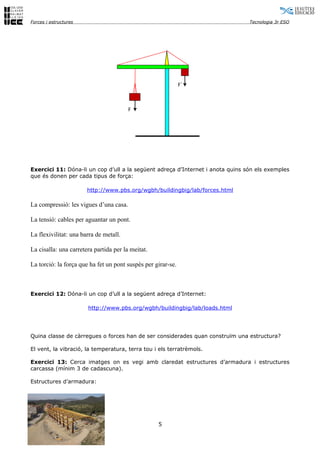 Forces i estructures                                                            Tecnologia 3r ESO




                                                              F´



                                        F




Exercici 11: Dóna-li un cop d’ull a la següent adreça d’Internet i anota quins són els exemples
que és donen per cada tipus de força:

                       http://www.pbs.org/wgbh/buildingbig/lab/forces.html

La compressió: les vigues d’una casa.

La tensió: cables per aguantar un pont.

La flexivilitat: una barra de metall.

La cisalla: una carretera partida per la meitat.

La torció: la força que ha fet un pont suspès per girar-se.



Exercici 12: Dóna-li un cop d’ull a la següent adreça d’Internet:

                       http://www.pbs.org/wgbh/buildingbig/lab/loads.html




Quina classe de càrregues o forces han de ser considerades quan construïm una estructura?

El vent, la vibració, la temperatura, terra tou i els terratrèmols.

Exercici 13: Cerca imatges on es vegi amb claredat estructures d’armadura i estructures
carcassa (mínim 3 de cadascuna).

Estructures d’armadura:




                                                   5
 