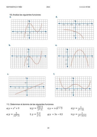 MATEMÁTICA 5°AÑO 2021 E.E.S.O. N°204
10
10) Analiza las siguientes funciones:
11) Determinar el dominio de las siguientes funciones
a) 𝑦 = 𝑥 + 9 b) 𝑦 =
√
c) 𝑦 = +√𝑥 − 3 d) 𝑦 =
e) 𝑦 =
√
f) 𝑦 = g) 𝑦 = 3𝑥 − 0,5 h) 𝑦 =
 