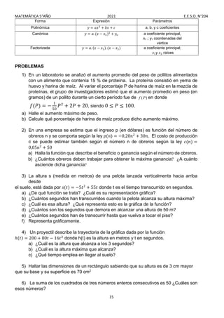 MATEMÁTICA 5°AÑO 2021 E.E.S.O. N°204
15
Forma Expresión Parámetros
Polinómica 𝑦 = 𝑎𝑥 + 𝑏𝑥 + 𝑐 a, b, y c coeficientes
Canónica 𝑦 = 𝑎. (𝑥 − 𝑥 ) + 𝑦 a coeficiente principal,
xv ;; yv coordenadas del
vértice
Factorizada 𝑦 = 𝑎. (𝑥 − 𝑥 ). (𝑥 − 𝑥 ) a coeficiente principal;
𝑥 y 𝑥 raíces
PROBLEMAS
1) En un laboratorio se analizó el aumento promedio del peso de pollitos alimentados
con un alimento que contenía 15 % de proteína. La proteína consistió en yema de
huevo y harina de maíz. Al variar el porcentaje P de harina de maíz en la mezcla de
proteínas, el grupo de investigadores estimó que el aumento promedio en peso (en
gramos) de un pollito durante un cierto período fue de )
(P
f en donde
𝑓(𝑃) = − 𝑃 + 2𝑃 + 20, siendo 0 ≤ 𝑃 ≤ 100.
a) Halle el aumento máximo de peso.
b) Calcule qué porcentaje de harina de maíz produce dicho aumento máximo.
2) En una empresa se estima que el ingreso p (en dólares) es función del número de
obreros n y se comporta según la ley 𝑝(𝑛) = −0,20𝑛 + 30𝑛. El costo de producción
c se puede estimar también según el número n de obreros según la ley 𝑐(𝑛) =
0,05𝑛 + 50
a) Halla la función que describe el beneficio o ganancia según el número de obreros.
b) ¿Cuántos obreros deben trabajar para obtener la máxima ganancia ¿A cuánto
asciende dicha ganancia
3) La altura s (medida en metros) de una pelota lanzada verticalmente hacia arriba
desde
el suelo, está dada por 𝑠(𝑡) = −5𝑡 + 55𝑡 donde t es el tiempo transcurrido en segundos.
a) ¿De qué función se trata? ¿Cuál es su representación gráfica?
b) ¿Cuántos segundos han transcurridos cuando la pelota alcanza su altura máxima?
c) ¿Cuál es esa altura? ¿Qué representa esto es la gráfica de la función?
d) ¿Cuántos son los segundos que demora en alcanzar una altura de 50 m?
e) ¿Cuántos segundos han de transcurrir hasta que vuelva a tocar el piso?
f) Representa gráficamente.
4) Un proyectil describe la trayectoria de la gráfica dada por la función
ℎ(𝑡) = 200 + 80𝑡 − 16𝑡 donde h(t) es la altura en metros y t en segundos.
a) ¿Cuál es la altura que alcanza a los 3 segundos?
b) ¿Cuál es la altura máxima que alcanza?
c) ¿Qué tiempo emplea en llegar al suelo?
5) Hallar las dimensiones de un rectángulo sabiendo que su altura es de 3 cm mayor
que su base y su superficie es 70 cm2
6) La suma de los cuadrados de tres números enteros consecutivos es 50 ¿Cuáles son
esos números?
 
