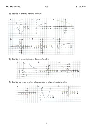 MATEMÁTICA 5°AÑO 2021 E.E.S.O. N°204
8
5) Escribe el dominio de cada función:
6) Escribe el conjunto imagen de cada función:
7) Escribe los ceros o raíces y la ordenada al origen de cada función:
 
