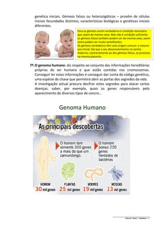 genética iniciais. Gémeos falsos ou heterozigóticos – provêm de células
  iniciais fecundadas distintas; características biológicas e genéticas iniciais
  diferentes.
                               Para os gémeos serem verdadeiros é condição necessária
                               que sejam do mesmo sexo. Mas não é condição suficiente:
                               os gémeos falsos também podem ser do mesmo sexo, assim
                               como podem ser muito semelhantes.
                               Os gémeos verdadeiros têm uma origem comum: o mesmo
                               ovo inicial. Daí que o seu desenvolvimento no ventre
                               materno, contrariamente ao dos gémeos falsos, se processe
                               na mesma placenta.
                            Sem saber este pormenor, não posso afirmar
7º. O genoma humano: diz respeitoos bebés da gravura são gémeos
                            que ao conjunto das informações hereditárias
    próprias do ser humano verdadeiros ou falsos.
                             e que estão contidas nos cromossomas.
  Conseguir ler estas informações é conseguir dar conta do código genético,
  uma espécie de chave que permitirá abrir as portas dos segredos da vida.
  A investigação actual procura decifrar estes segredos para atacar certas
  doenças: saber, por exemplo, quais os genes responsáveis pelo
  aparecimento de diversos tipos de cancro…


                  Genoma Humano




                                                                               *




                                                          ______________________________________________
                                                                          Psico B Tema 1 - Genética - 7 -
 