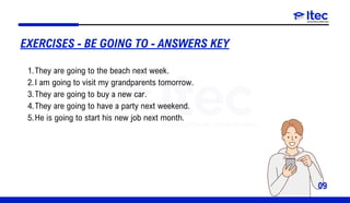 09
They are going to the beach next week.
1.
I am going to visit my grandparents tomorrow.
2.
They are going to buy a new car.
3.
They are going to have a party next weekend.
4.
He is going to start his new job next month.
5.
EXERCISES - BE GOING TO - ANSWERS KEY
 