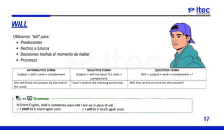 17
Utilizamos “will” para:
Predicciones
Hechos a futuros
Decisiones hechas al momento de hablar
Promesas
WILL
 
