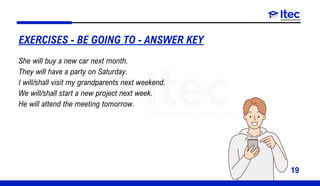 19
She will buy a new car next month.
They will have a party on Saturday.
I will/shall visit my grandparents next weekend.
We will/shall start a new project next week.
He will attend the meeting tomorrow.
EXERCISES - BE GOING TO - ANSWER KEY
 