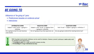 03
Utilizamos el “be going to” para:
Predicciones basadas en evidencia actual
Intenciones
BE GOING TO
 