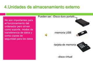 4.Unidades de almacenamiento externo
Pueden ser: -Disco duro portatil
No son importantes para
el funcionamiento del
ordenador pero sirven
como soporte, modos de
transferencia de datos y
como copias de
seguridad para los datos

-memoria USB

-tarjeta de memoria

-disco virtual

 