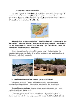 C-Los Celtas: los pueblos del norte
Los celtas llegan hacia el año 1000 a. C., extienden los aportes indoeuropeos por el
norte, centro y oeste peninsular (el hierro), superponiéndose a los indígenas
peninsulares. Ejemplos son los cántabros, vacceos (Meseta norte), lusitanos, celtiberos
(Sistema Ibérico) o los oretanos de la Mancha.
Su organización socio-política en tribus y poblados fortificados (Numancia) con jefes
y reyezuelos y asambleas populares de la tribu, serían más igualitarios, y sin esclavos. Y
con una economía variada, más ganadera en el norte y más cerealista en el centro, con
un comercio menos desarrollado, sin monedas.
Como restos, destacan los castros galaicos y astures, de viviendas circulares sin
estructurarse en calles, amurallados. De su cultura, menos avanzada: destacar los Toros de
Guisando); y su brillante metalurgia.
2- Las colonizaciones históricas: fenicios, griegos y cartagineses
En el primer milenio a.C. la zona mediterránea recibe la llegada de pueblos
colonizadores del Mediterráneo Oriental de una cultura mucho más evolucionada.
Su propósito era económico: buscaban metales (cobre, plata, estaño, oro) y otros
productos (salazones, pesquerías...)
Los fenicios, procedentes de Fenicia- actual Líbano-, llegaron en el siglo IX a.C.
Fundaron diversas colonias entre las que sobresalió, hacia el año 800 a.C., Gadir (Cádiz),
 
