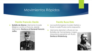 Movimientos Rápidos
Frente Francés Oeste
 Batalla de Marne: Alemania invade
Bélgica y entra a Francia, pierde
Alemania. Destaca el General Francés
Joffre.
Frente Ruso Este
 Los austrohúngaros invaden Serbia y
Rusia invade Prusia como respuesta.
 Alemania derrotan a Rusia en las
Batallas de Tannenberg y Lagos
Masurianos penetran en Rusia.
Destaca Hinderburg.
 