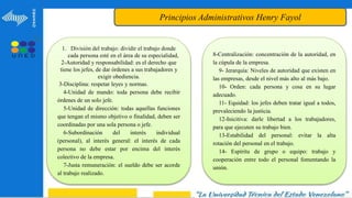 Principios Administrativos Henry Fayol
1. División del trabajo: dividir el trabajo donde
cada persona esté en el área de su especialidad,
2-Autoridad y responsabilidad: es el derecho que
tiene los jefes, de dar órdenes a sus trabajadores y
exigir obediencia.
3-Disciplina: respetar leyes y normas.
4-Unidad de mando: toda persona debe recibir
órdenes de un solo jefe.
5-Unidad de dirección: todas aquellas funciones
que tengan el mismo objetivo o finalidad, deben ser
coordinadas por una sola persona o jefe.
6-Subordinación del interés individual
(personal), al interés general: el interés de cada
persona no debe estar por encima del interés
colectivo de la empresa.
7-Justa remuneración: el sueldo debe ser acorde
al trabajo realizado.
8-Centralización: concentración de la autoridad, en
la cúpula de la empresa.
9- Jerarquía: Niveles de autoridad que existen en
las empresas, desde el nivel más alto al más bajo.
10- Orden: cada persona y cosa en su lugar
adecuado.
11- Equidad: los jefes deben tratar igual a todos,
prevaleciendo la justicia.
12-Inicitiva: darle libertad a los trabajadores,
para que ejecuten su trabajo bien.
13-Estabilidad del personal: evitar la alta
rotación del personal en el trabajo.
14- Espíritu de grupo o equipo: trabajo y
cooperación entre todo el personal fomentando la
unión.
 
