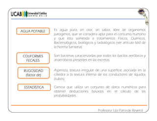 AGUA POTABLE Es agua pura, sin olor, sin sabor, libre de organismos
patógenos, que se considera apta para el consumo humano
t tid t t i t Fí i Q í iy que esta sometida a tratamientos Físicos, Químicos,
Bacteriológicos, biológicos y radiológicos (ver artículo 660 de
la Norma Sanitaria).
COLIFORMES
FECALES
Son bacterias caracterizadas por todos los bacilos aeróbicos y
anaeróbicos presentes en las excretas.
RUGOSIDAD
(factor de)
Aspereza, textura irregular de una superficie asociada en la
cátedra a la textura interna de los conductores de líquidos
(tubos).
ESTADÍSTICA Ciencia que utiliza un conjunto de datos numéricos para
obtener deducciones basadas en el cálculo de las
probabilidades.
Profesora: Lila Parra de Reverol
 