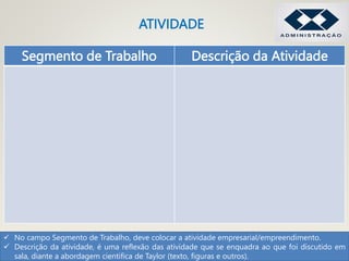 ATIVIDADE
Segmento de Trabalho Descrição da Atividade
 No campo Segmento de Trabalho, deve colocar a atividade empresarial/empreendimento.
 Descrição da atividade, é uma reflexão das atividade que se enquadra ao que foi discutido em
sala, diante a abordagem cientifica de Taylor (texto, figuras e outros).
 
