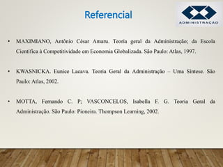 • MAXIMIANO, Antônio César Amaru. Teoria geral da Administração; da Escola
Científica à Competitividade em Economia Globalizada. São Paulo: Atlas, 1997.
• KWASNICKA. Eunice Lacava. Teoria Geral da Administração – Uma Síntese. São
Paulo: Atlas, 2002.
• MOTTA, Fernando C. P; VASCONCELOS, Isabella F. G. Teoria Geral da
Administração. São Paulo: Pioneira. Thompson Learning, 2002.
Referencial
 