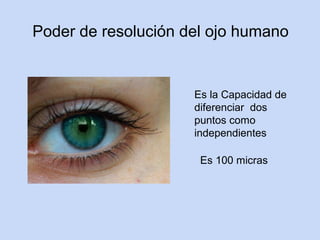 Poder de resolución del ojo humano


                     Es la Capacidad de
                     diferenciar dos
                     puntos como
                     independientes

                      Es 100 micras
 
