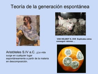 Teoría de la generación espontánea




                                          VAN HELMOT S. XVII Explicaba cómo
                                         conseguir ratones ...




Aristóteles S.IV a.C. ¡¡La vida
surge en cualquier lugar
espontáneamente a partir de la materia
en descomposición.
 