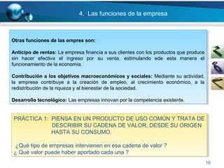 16
4. Las funciones de la empresa
Otras funciones de las empres son:
Anticipo de rentas: La empresa financia a sus clientes con los productos que produce
sin hacer efectiva el ingreso por su venta, estimulando ede esta manera el
funcionamiento de la economía.
Contribución a los objetivos macroeconómicos y sociales: Mediante su actividad,
la empresa contribuye a la creación de empleo, al crecimiento económico, a la
redistribución de la riqueza y al bienestar de la sociedad.
Desarrollo tecnológico: Las empresas innovan por la competencia existente.
Otras funciones de las empres son:
Anticipo de rentas: La empresa financia a sus clientes con los productos que produce
sin hacer efectiva el ingreso por su venta, estimulando ede esta manera el
funcionamiento de la economía.
Contribución a los objetivos macroeconómicos y sociales: Mediante su actividad,
la empresa contribuye a la creación de empleo, al crecimiento económico, a la
redistribución de la riqueza y al bienestar de la sociedad.
Desarrollo tecnológico: Las empresas innovan por la competencia existente.
PRÁCTICA 1: PIENSA EN UN PRODUCTO DE USO COMÚN Y TRATA DE
DESCRIBIR SU CADENA DE VALOR, DESDE SU ORIGEN
HASTA SU CONSUMO.
¿Qué tipo de empresas intervienen en esa cadena de valor ?
¿ Qué valor puede haber aportado cada una ?
PRÁCTICA 1: PIENSA EN UN PRODUCTO DE USO COMÚN Y TRATA DE
DESCRIBIR SU CADENA DE VALOR, DESDE SU ORIGEN
HASTA SU CONSUMO.
¿Qué tipo de empresas intervienen en esa cadena de valor ?
¿ Qué valor puede haber aportado cada una ?
 
