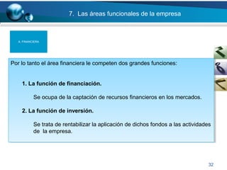 32
7. Las áreas funcionales de la empresa
Por lo tanto el área financiera le competen dos grandes funciones:
1. La función de financiación.
Se ocupa de la captación de recursos financieros en los mercados.
2. La función de inversión.
Se trata de rentabilizar la aplicación de dichos fondos a las actividades
de la empresa.
Por lo tanto el área financiera le competen dos grandes funciones:
1. La función de financiación.
Se ocupa de la captación de recursos financieros en los mercados.
2. La función de inversión.
Se trata de rentabilizar la aplicación de dichos fondos a las actividades
de la empresa.
A. FINANCIERA
 