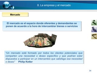 8. La empresa y el mercado
34
“Un mercado está formado por todos los clientes potenciales que
comparten una necesidad o deseo específico y que podrían estar
dispuestos a participar en un intercambio que satisfaga esa necesidad
o deseo” Philip Kotler
“Un mercado está formado por todos los clientes potenciales que
comparten una necesidad o deseo específico y que podrían estar
dispuestos a participar en un intercambio que satisfaga esa necesidad
o deseo” Philip Kotler
MercadoMercado
El mercado es el espacio donde oferentes y demandantes se
ponen de acuerdo a la hora de intercambiar bienes o servicios
El mercado es el espacio donde oferentes y demandantes se
ponen de acuerdo a la hora de intercambiar bienes o servicios
 