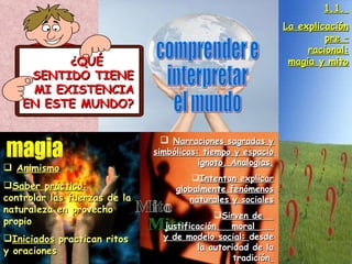 1.1.  La explicación pre – racional: magia y mito comprender e interpretar  el mundo ¿QUÉ  SENTIDO TIENE MI EXISTENCIA EN ESTE MUNDO? magia Mito Animismo Saber práctico : controlar las fuerzas de la naturaleza en provecho propio Iniciados  practican ritos y oraciones Narraciones sagradas y simbólicas: tiempo y espacio ignoto. Analogías. Intentan explicar globalmente fenómenos naturales y sociales Sirven de  justificación  moral  y de modelo social:  desde la autoridad de la tradición   