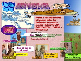 1.ORIGEN GRIEGO ADMIRACIÓN Y BÚSQUEDA DE LA VERDAD Frente a las explicaciones mitológicas sobre los fenómenos naturales y sociales  ¡¡EXISTE UNA EXPLICACIÓN  LÓGICO - RACIONAL!! 1.ASOMBRO Y DESEO DE SABER PITÁGORAS ¡Soy filósofo! 2.1. EL PERIODO  METAFÍSICO SÓCRATES ¡Sólo sé que no sé nada! ignorancia Amor (Eros)  al saber  PLATÓN Admiración  ante el Cosmos  ARISTÓTELES ¿ Quién eres? Phylia = amor (comunitario, basado en la amistad); Sofía = sabiduría .   ( Ágape, Xenia, Storge) 