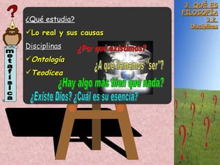 3. QUÉ ES FILOSOFÍA 3.2. Disciplinas metafísica ¿Qué estudia? Lo real y sus causas Disciplinas Ontología Teodicea ¿Por qué existimos? ¿A qué llamamos "ser"? ¿Hay algo más bien que nada? ¿Existe Dios? ¿Cuál es su esencia? 