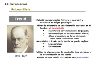 1.3. Teorías clásicas 
Psicoanálisis 
Estudió neuropatologías (histeria y neurosis) y 
estableció su origen psicológico 
Afirmó la existencia de una dimensión irracional en el 
hombre: el inconsciente 
 Constituye la parte fundamental del psiquismo 
 Determinado por los instintos (eros/thánatos) 
 Aflora al consciente de forma disfrazada 
Lapsus linguae, Actos fallidos, Sueños … 
Mentalista: a través de la mente se puede explicar 
 La personalidad 
 Enfermedades 
 ... 
Utiliza la introspección, la asociación libre de ideas y 
la interpretación de los sueños 
Además de una teoría, es también una psicoterapia 
Freud 
1856 - 1939 
 