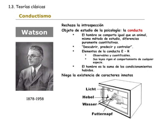1.3. Teorías clásicas 
Conductismo 
Rechaza la introspección 
Objeto de estudio de la psicología: la conducta 
 El hombre se comporta igual que un animal, 
mismo método de estudio, diferencias 
puramente cuantitativas. 
 “Descubrir, predecir y controlar”. 
 Elementos de la conducta E – R 
 Observables y cuantificables. 
 Sus leyes rigen el comportamiento de cualquier 
especie. 
 El hombre es la suma de los condicionamientos 
habidos. 
Niega la existencia de caracteres innatos 
Watson 
1878-1958 
 