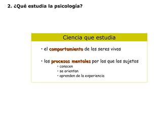 2. ¿Qué estudia la psicología? 
Ciencia que estudia 
• el ccoommppoorrttaammiieennttoo de los seres vivos 
• los pprroocceessooss mmeennttaalleess por los que los sujetos 
• conocen 
• se orientan 
• aprenden de la experiencia 
 