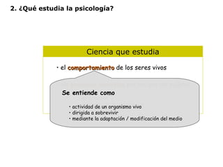 2. ¿Qué estudia la psicología? 
Ciencia que estudia 
• el ccoommppoorrttaammiieennttoo de los seres vivos 
• los pprroocceessooss mmeennttaalleess por los que los sujetos 
• conocen 
• se orientan 
• aprenden de la experiencia 
Se entiende como 
• actividad de un organismo vivo 
• dirigida a sobrevivir 
• mediante la adaptación / modificación del medio 
 
