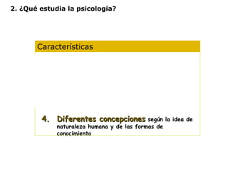 2. ¿Qué estudia la psicología? 
Características 
1. Es una ciencia experimental 
2. Es una ciencia ecléctica 
3. Opera con diferentes niveles de análisis 
44.. DDiiffeerreenntteess ccoonncceeppcciioonneess según la idea de 
naturaleza humana y de las formas de 
conocimiento 
 