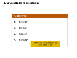 2. ¿Qué estudia la psicología? 
Objetivos 
1. Describir 
2. Explicar 
3. Predecir 
4. Controlar 
Alterar las condiciones de los 
comportamientos 
 