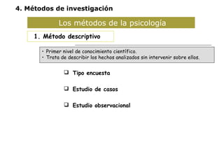 4. Métodos de investigación 
Los métodos de la psicología 
1. Método descriptivo 
• Primer nivel de conocimiento científico. 
• Trata de describir los hechos analizados sin intervenir sobre ellos. 
 Tipo encuesta 
 Estudio de casos 
 Estudio observacional 
 