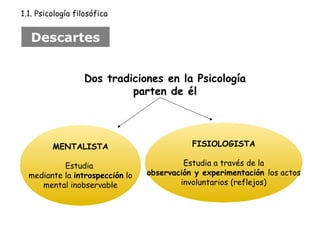 1.1. Psicología filosófica 
Dos tradiciones en la Psicología 
parten de él 
MENTALISTA 
Estudia 
mediante la introspección lo 
mental inobservable 
FISIOLOGISTA 
Estudia a través de la 
observación y experimentación los actos 
involuntarios (reflejos) 
Descartes 
 