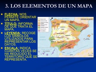 3. LOS ELEMENTOS DE UN MAPA <ul><li>FLECHA:  NOS PERMITE ORIENTAR UN MAPA. </li></ul><ul><li>TÍTULO:  INFORMA DE QUÉ TRATA...