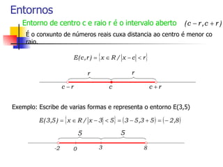 Entornos Entorno de centro c e raio r é o intervalo aberto É o conxunto de números reais cuxa distancia ao centro é menor co raio. Exemplo: Escribe de varias formas e representa o entorno E(3,5) -2 0 8 3 