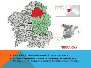 A zona litoral: establece a transición da montaña ao mar. Exemplos importantes: Depresión Tui-Padrón, As Mariñas de A Coruña, a Mariña Luguesa, a Serra de Barbanza ou a do Morrazo. TERRA CHÁ 