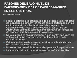RAZONES DEL BAJO NIVEL DE
PARTICIPACIÓN DE LOS PADRES/MADRES
EN LOS CENTROS.
Las razones serían:
 Falta de estímulo a la participación de los padres: la mayor parte
de los padres no conocen los cauces para la participación en los
centros educativos ni las funciones del consejo escolar.
Culpando de ello tanto al centro educativo, por su falta de
información, como a la administración educativa, por la escasez
de acciones para la formación de los padres.
 No ven utilidad en esa participación: No se sienten partícipes del
sistema educativo e incluso, no se sienten incluidos en la
comunidad escolar.
 Falta de motivación de los padres/madres: apatía, dejadez de
responsabilidad, comodidad, etc.
 No se conocen lo suficiente entre ellos para elegir representante.
 Incapacidad del centro educativo para “mover” a las familias.
 