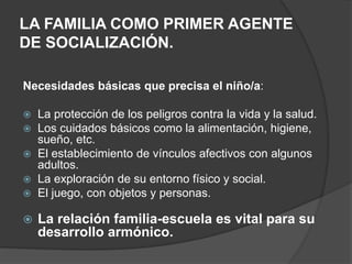 LA FAMILIA COMO PRIMER AGENTE
DE SOCIALIZACIÓN.
Necesidades básicas que precisa el niño/a:
 La protección de los peligros contra la vida y la salud.
 Los cuidados básicos como la alimentación, higiene,
sueño, etc.
 El establecimiento de vínculos afectivos con algunos
adultos.
 La exploración de su entorno físico y social.
 El juego, con objetos y personas.
 La relación familia-escuela es vital para su
desarrollo armónico.
 
